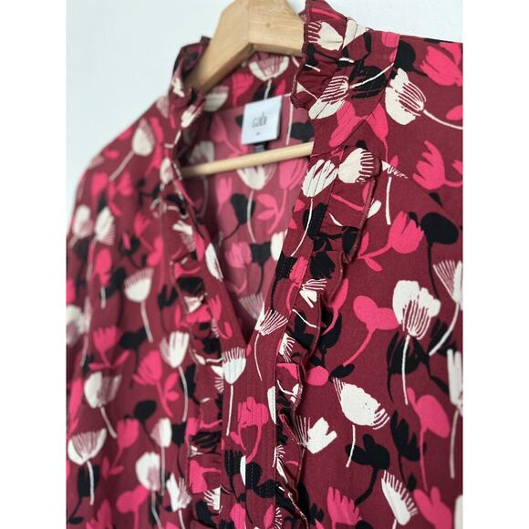 CABI Poppy Floral Blouse Sz M Ruffle Split Neck Balloon Sleeves Ruche Waist Boho - Picture 5 of 12